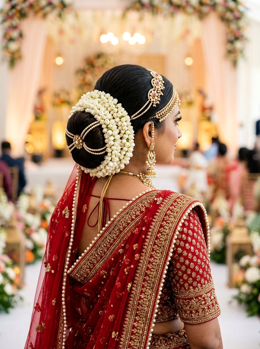 Traditional Gajra Bun With Pearls - 20 pearl embellished bun hairstyle - 20 pearl embellished bun hairstyle