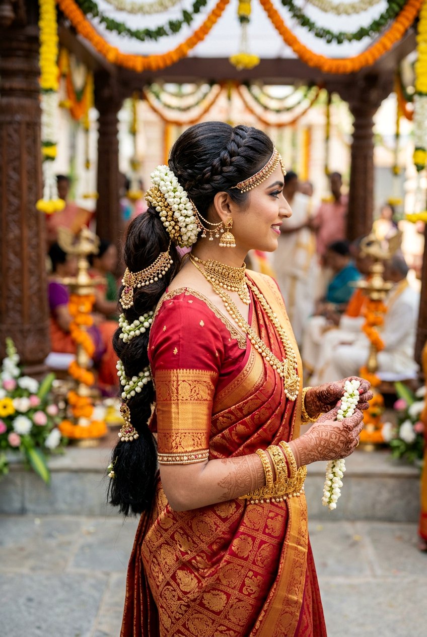 Traditional Low Bridal Ponytail With Braided Crown - 20 indian bridal ponytail hairstyle - 20 indian bridal ponytail hairstyle