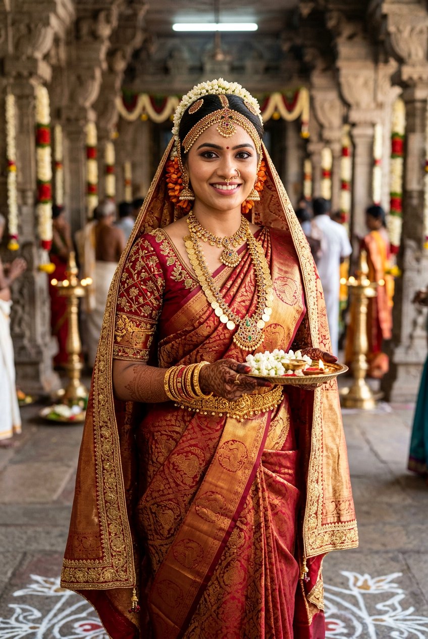 Traditional South Indian Bun With Temple Jewelry And Dupatta - 20 bridal hairstyles with dupatta - 20 bridal hairstyles with dupatta