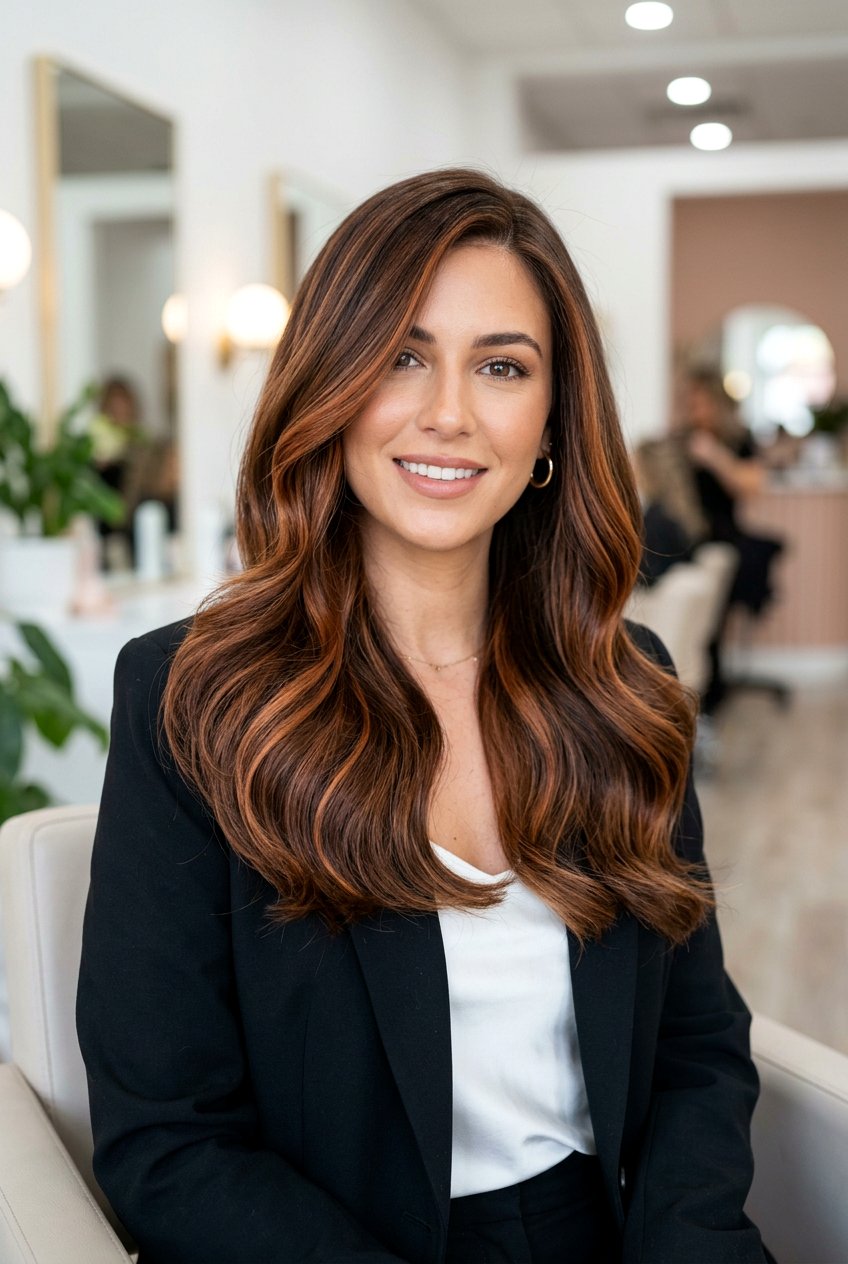 Trendy Brunette Hair Colors 2026 - 20 chestnut brunette with copper ribbons - 20 chestnut brunette with copper ribbons