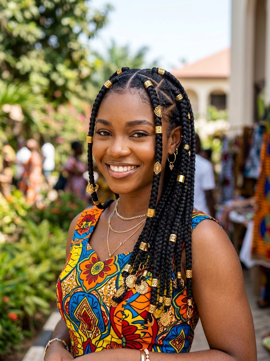 Triangle Part Braids With Gold Cuffs - 20 triangle part box braids - 20 triangle part box braids