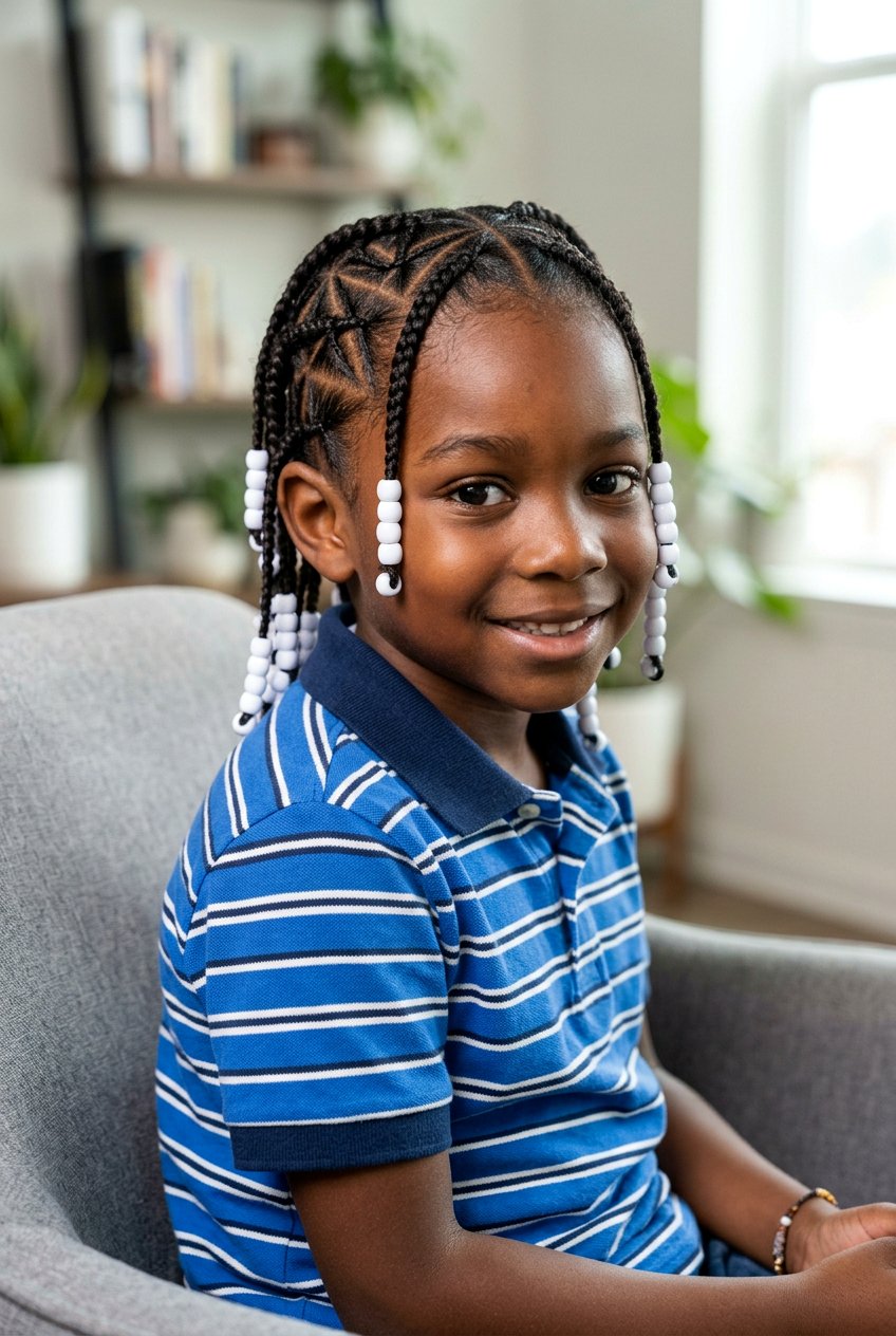 Triangle Parting Boys Cornrows With White Beads - 20 boys cornrows with beads - 20 boys cornrows with beads