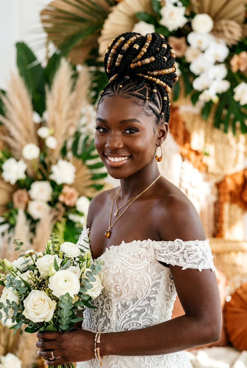 Tribal Braid Bun with Beads - 20 bridal braid styles for black women - 20 bridal braid styles for black women