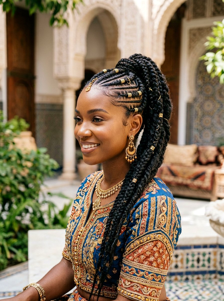 Tribal stitch braids into ponytail - 20 stitch braids into ponytail - 20 stitch braids into ponytail
