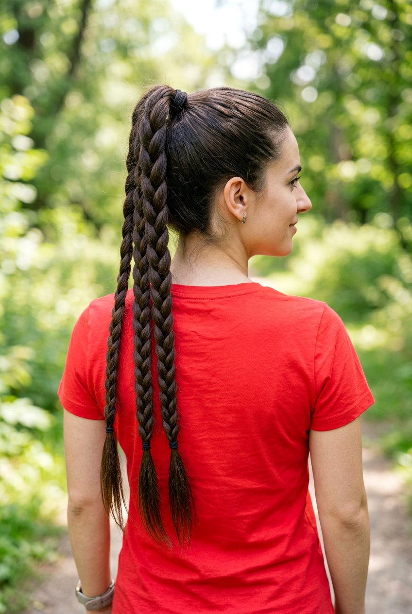 Triple Braided Ponytail - 20 hiking hairstyle for curly hair women - 20 hiking hairstyle for curly hair women