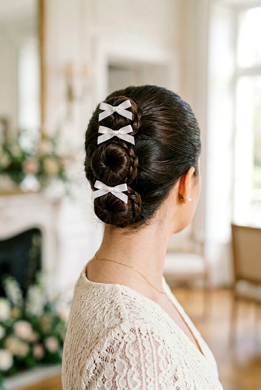 Triple Bun Updo With Small Bows - 20 coquette bow bun hairstyle - 20 coquette bow bun hairstyle