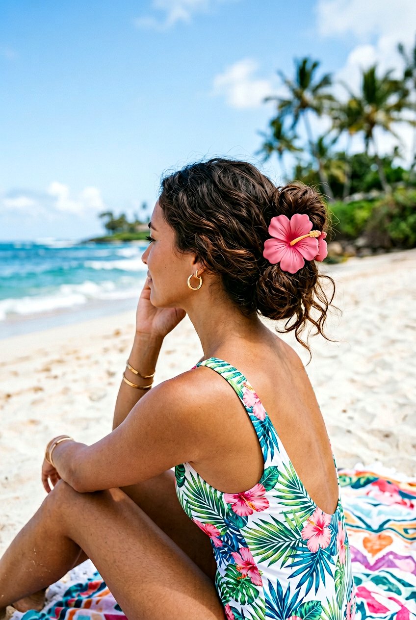 Tropical Flower Claw Clip Look - 20 beach claw clip hairstyle - 20 beach claw clip hairstyle