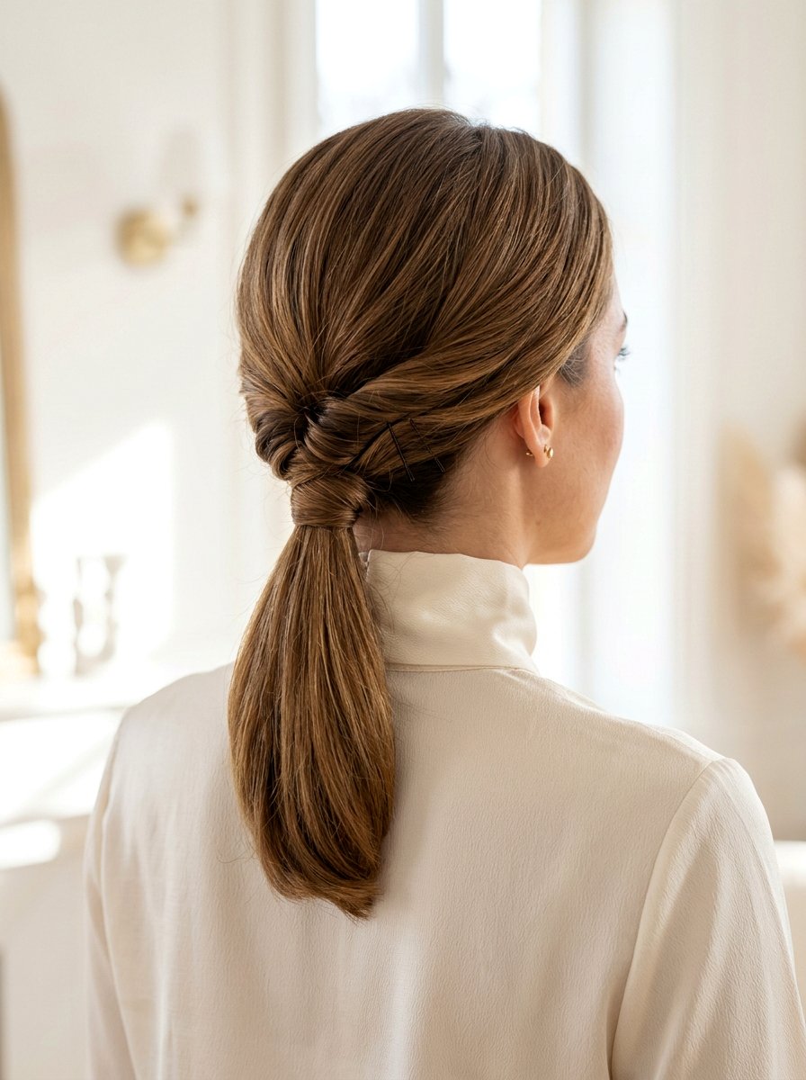 Tucked And Pinned Low Ponytail - 20 office hairstyle for fine limp hair - 20 office hairstyle for fine limp hair