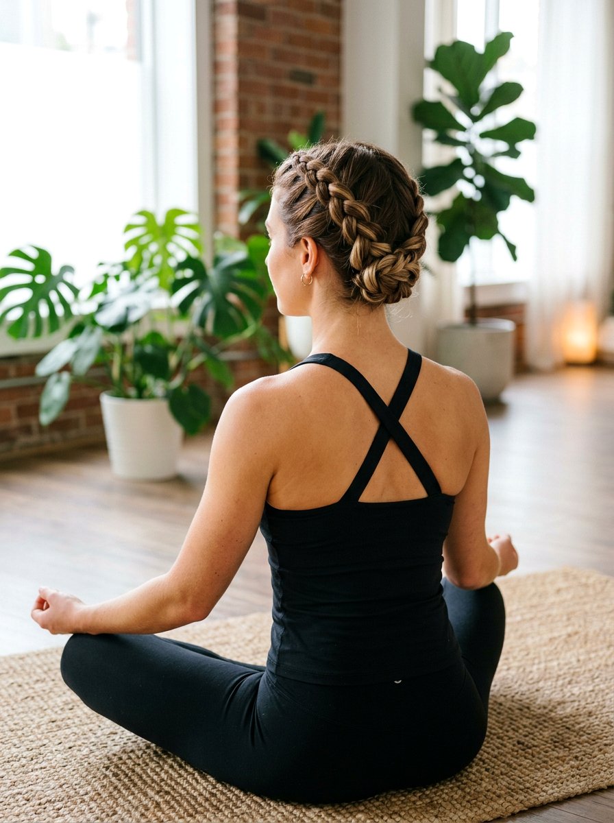 Tucked Away Braided Crown For Gym - 20 gym hairstyle for thick curly hair - 20 gym hairstyle for thick curly hair