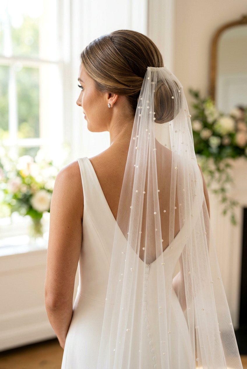 Tucked Bridal Low Bun With Pearl Veil - 20 bridal low bun with pearl veil - 20 bridal low bun with pearl veil