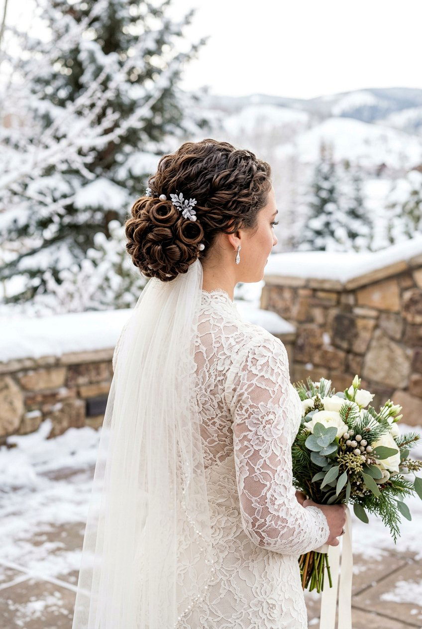 Tucked Curly Bridal Bun - 20 bridal hairstyle for curly veil look - 20 bridal hairstyle for curly veil look