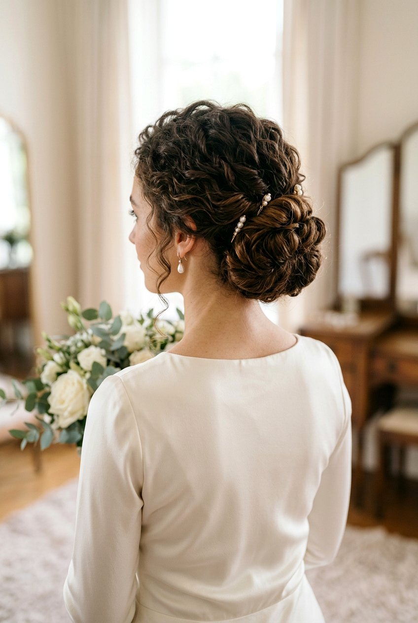 Tucked Curly Bridal Updo - 20 bridal hairstyle for shoulder length curls - 20 bridal hairstyle for shoulder length curls
