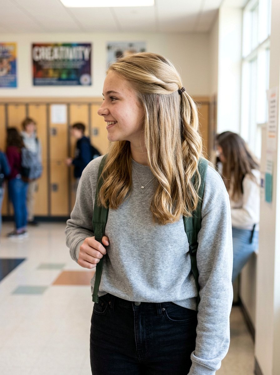 Tucked Half Up Ponytail - 20 quick hairstyle for school mornings teens - 20 quick hairstyle for school mornings teens