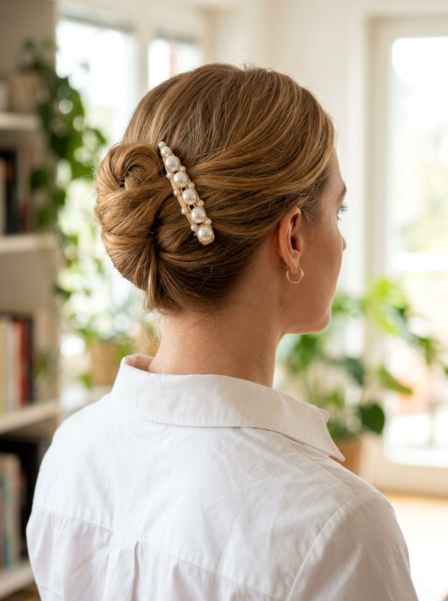 Tucked Lob With Pearl Barrette - 20 office hairstyle with pearl barrette - 20 office hairstyle with pearl barrette