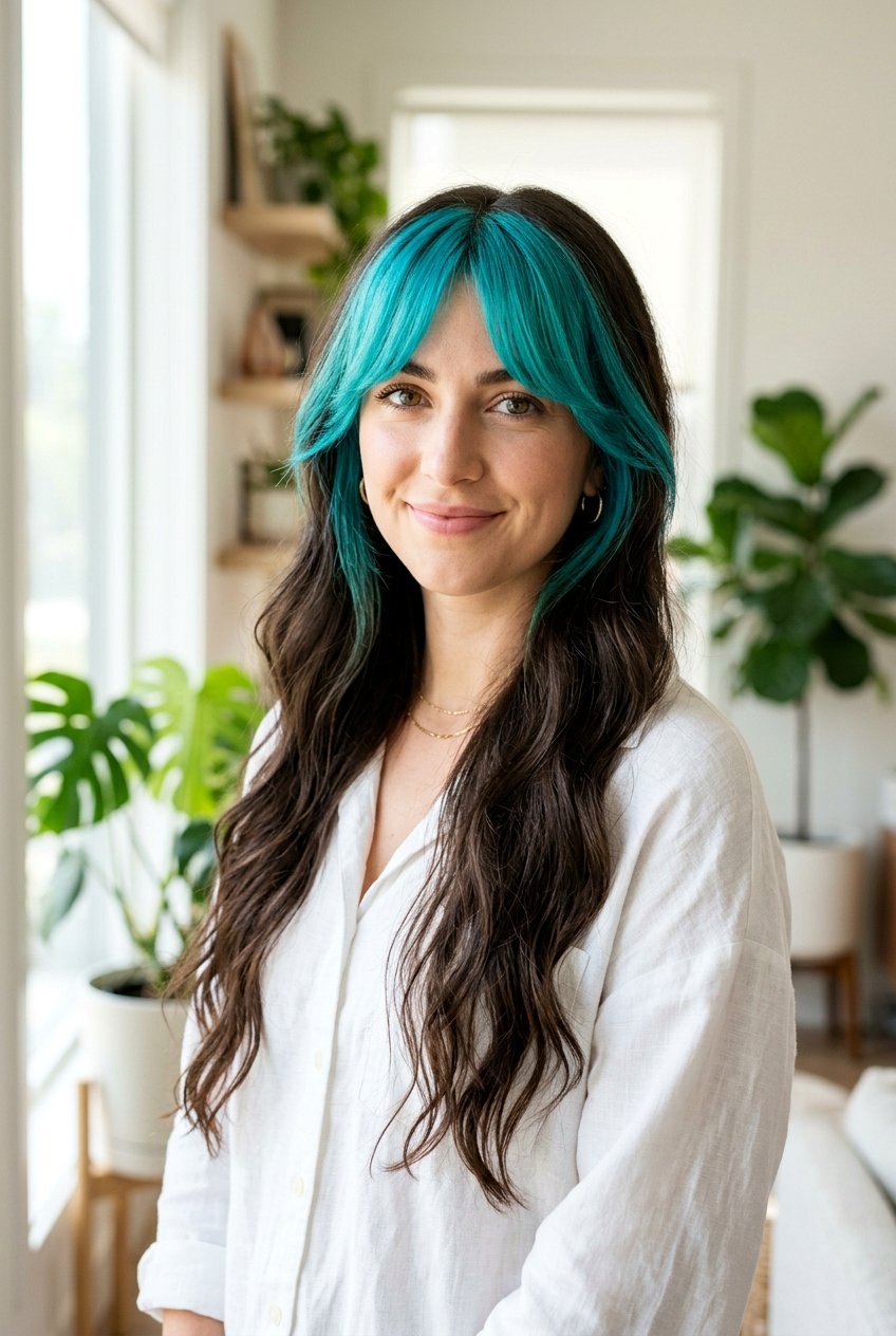 Turquoise Curtain Bangs with Long Hair - 20 turquoise hair color ideas - 20 turquoise hair color ideas
