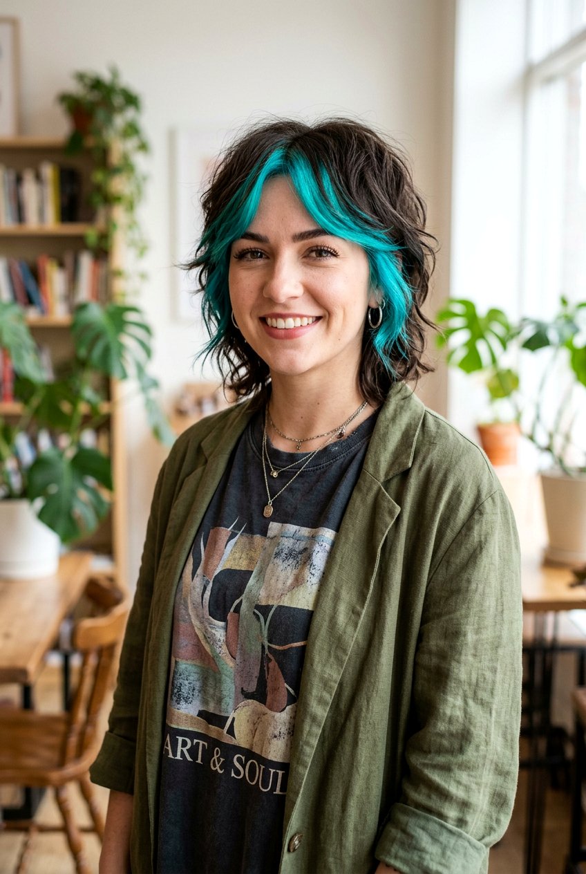 Turquoise Money Piece on Dark Hair - 20 bold money piece ideas - 20 bold money piece ideas