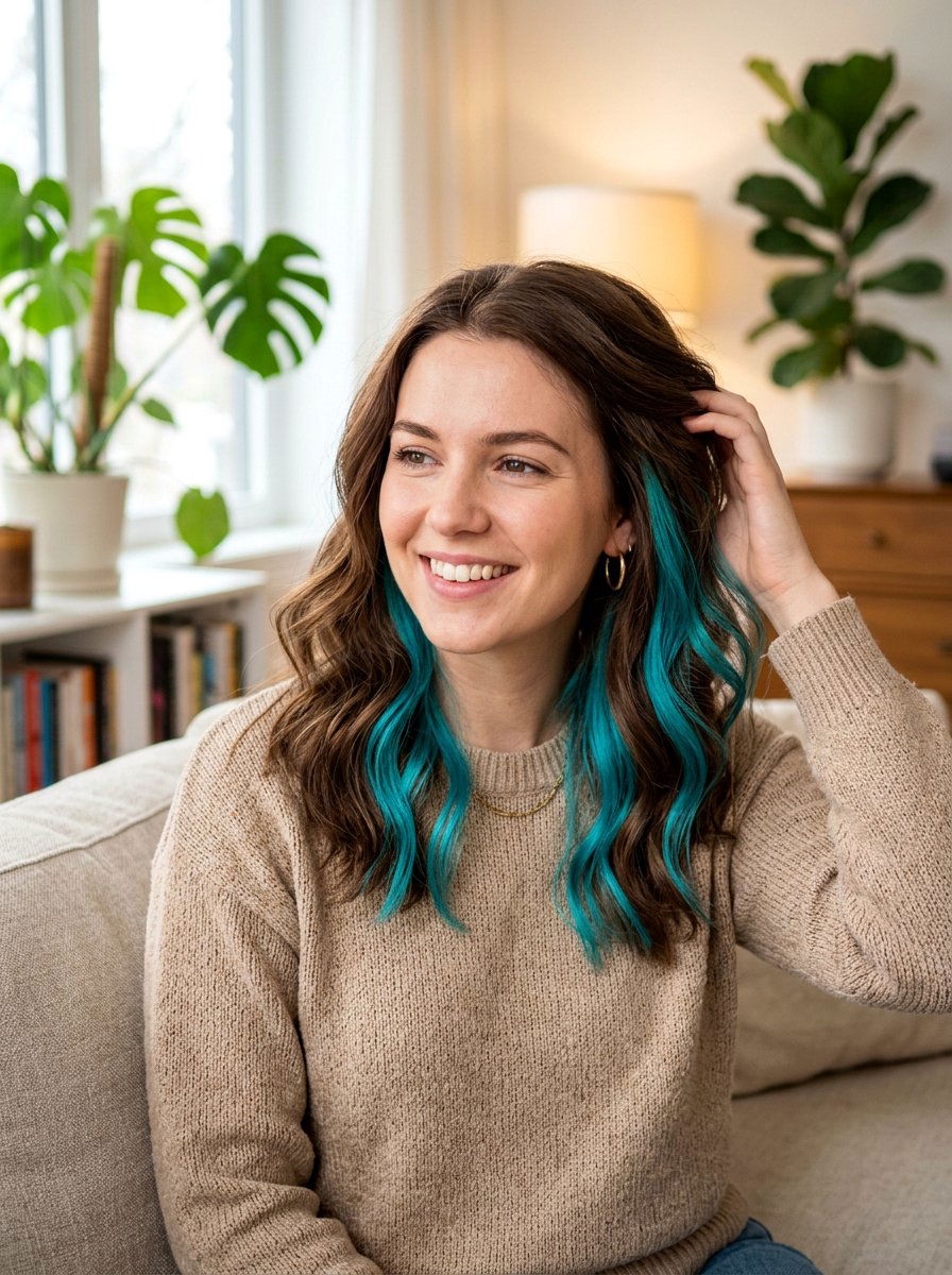 Turquoise Peekaboo Highlights On Natural Looking Base - 20 turquoise peekaboo highlights - 20 turquoise peekaboo highlights