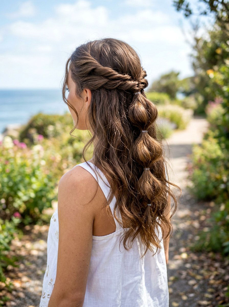 Twist Bubble Braid Half Updo - 20 party hairstyle with bubble braids - 20 party hairstyle with bubble braids