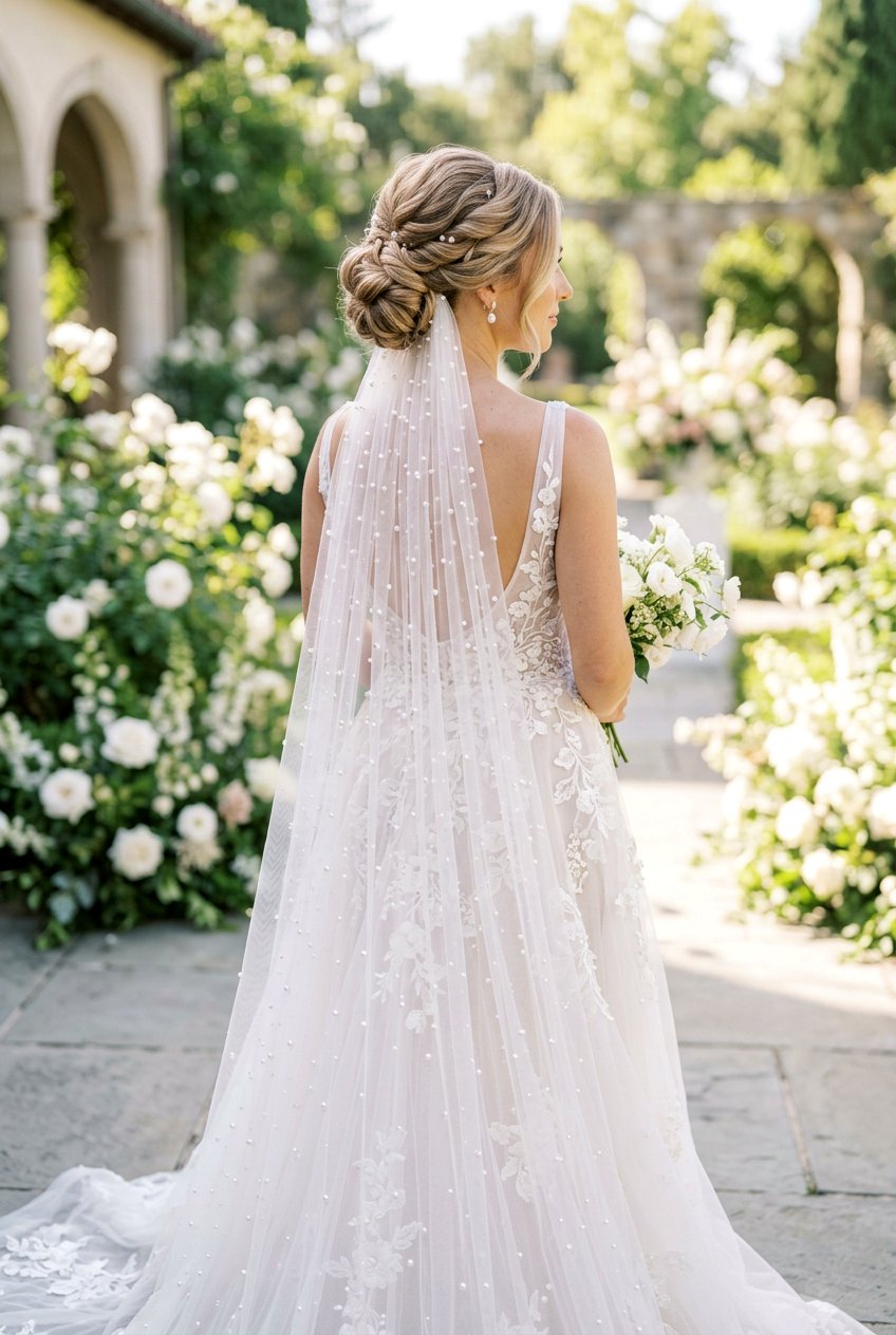 Twisted Bridal Low Bun With Pearl Veil - 20 bridal low bun with pearl veil - 20 bridal low bun with pearl veil