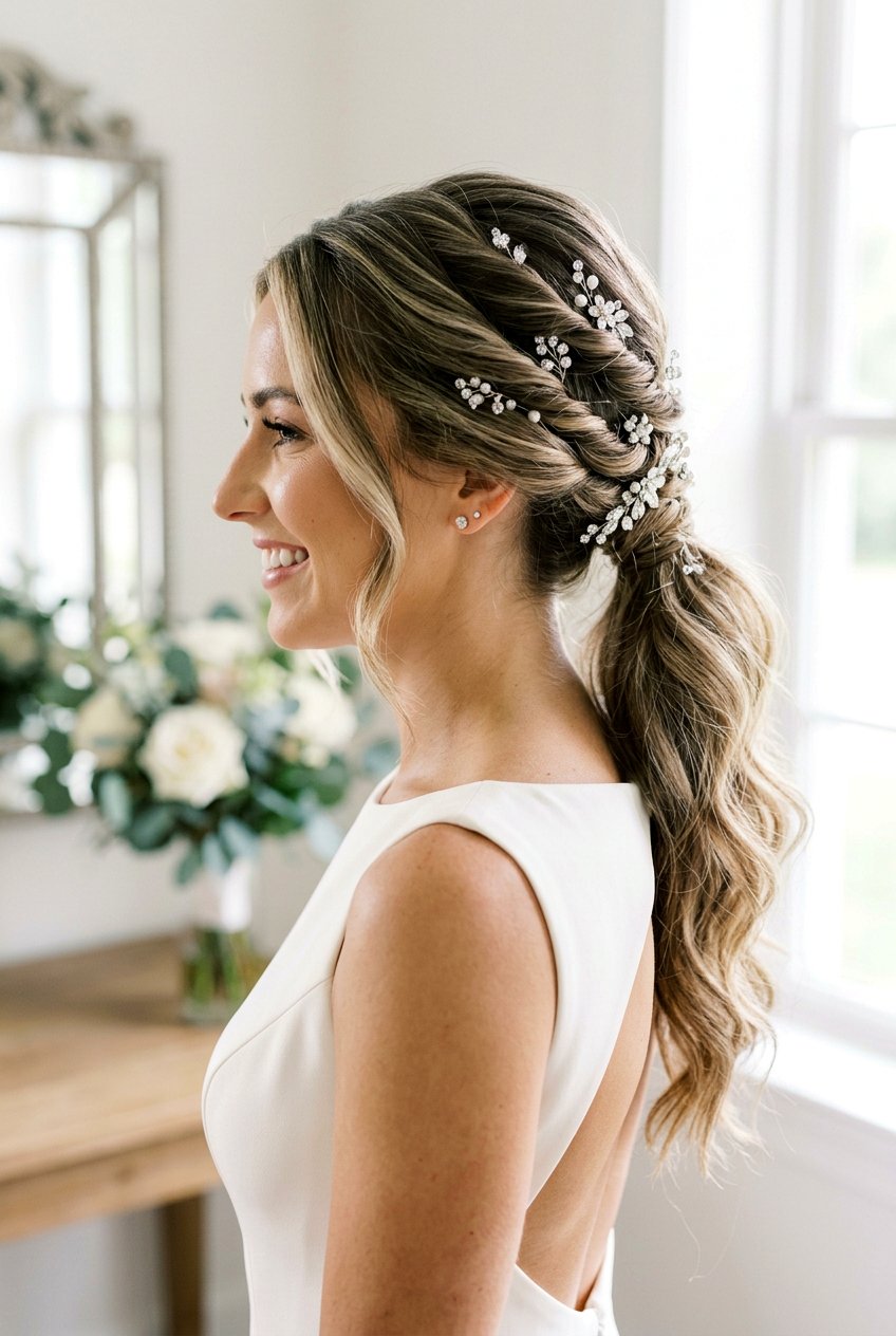 Twisted Bridal Ponytail With Crystal Pins - 20 bridal ponytail with crystal pins - 20 bridal ponytail with crystal pins