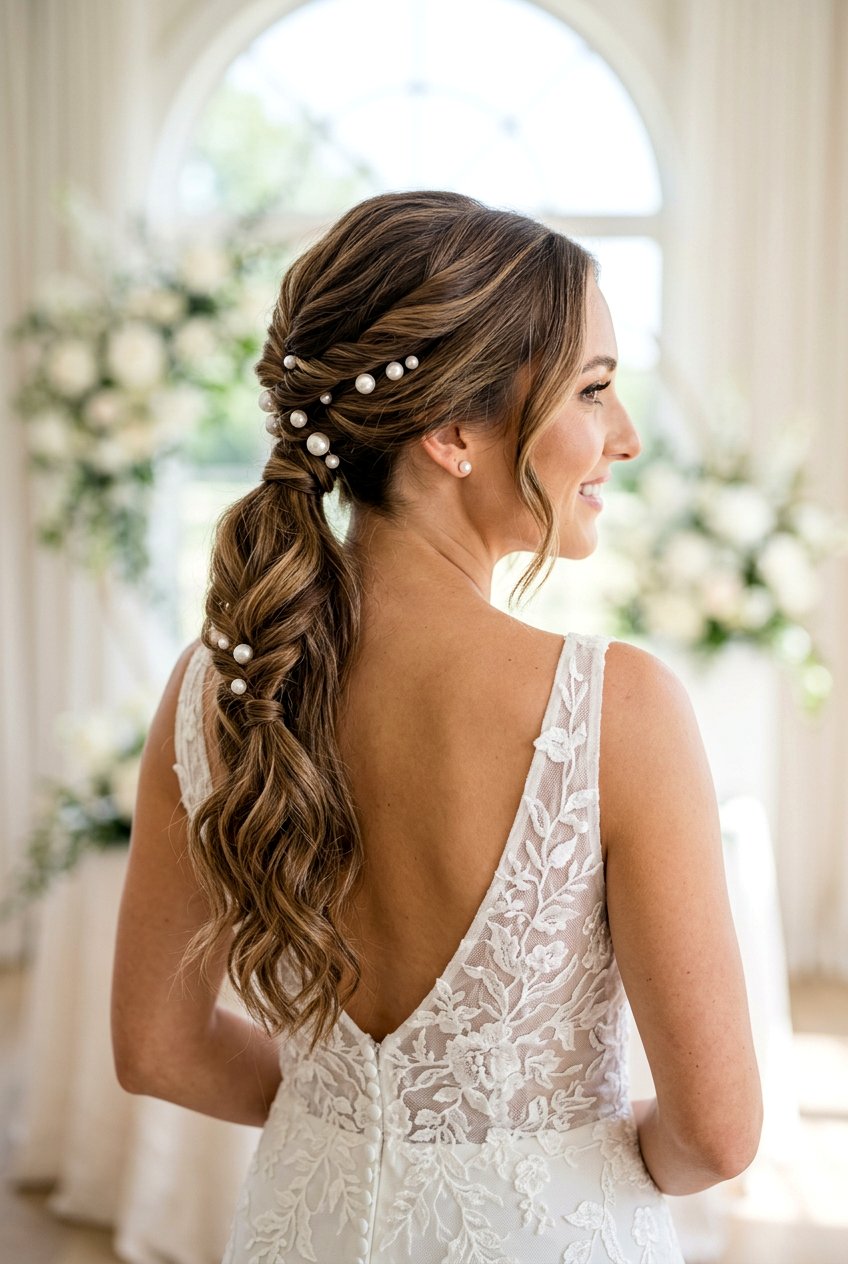 Twisted Bridal Ponytail - 20 bridal ponytail with pearl pins - 20 bridal ponytail with pearl pins