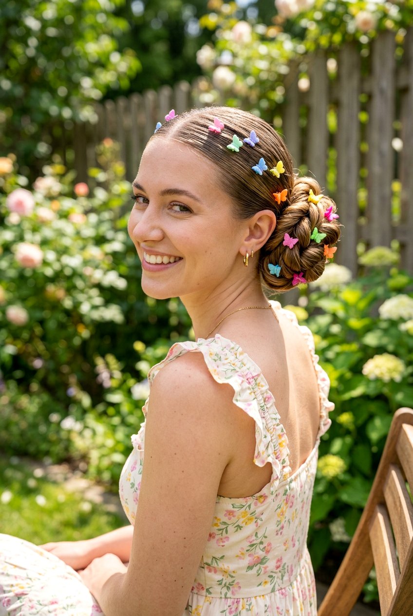 Twisted Bun With Butterfly Clips - 20 editorial slick bun hairstyle - 20 editorial slick bun hairstyle