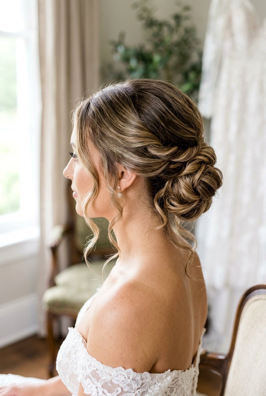 Twisted Bun With Loose Curly Tendrils - 20 bridal bun with curls in front - 20 bridal bun with curls in front