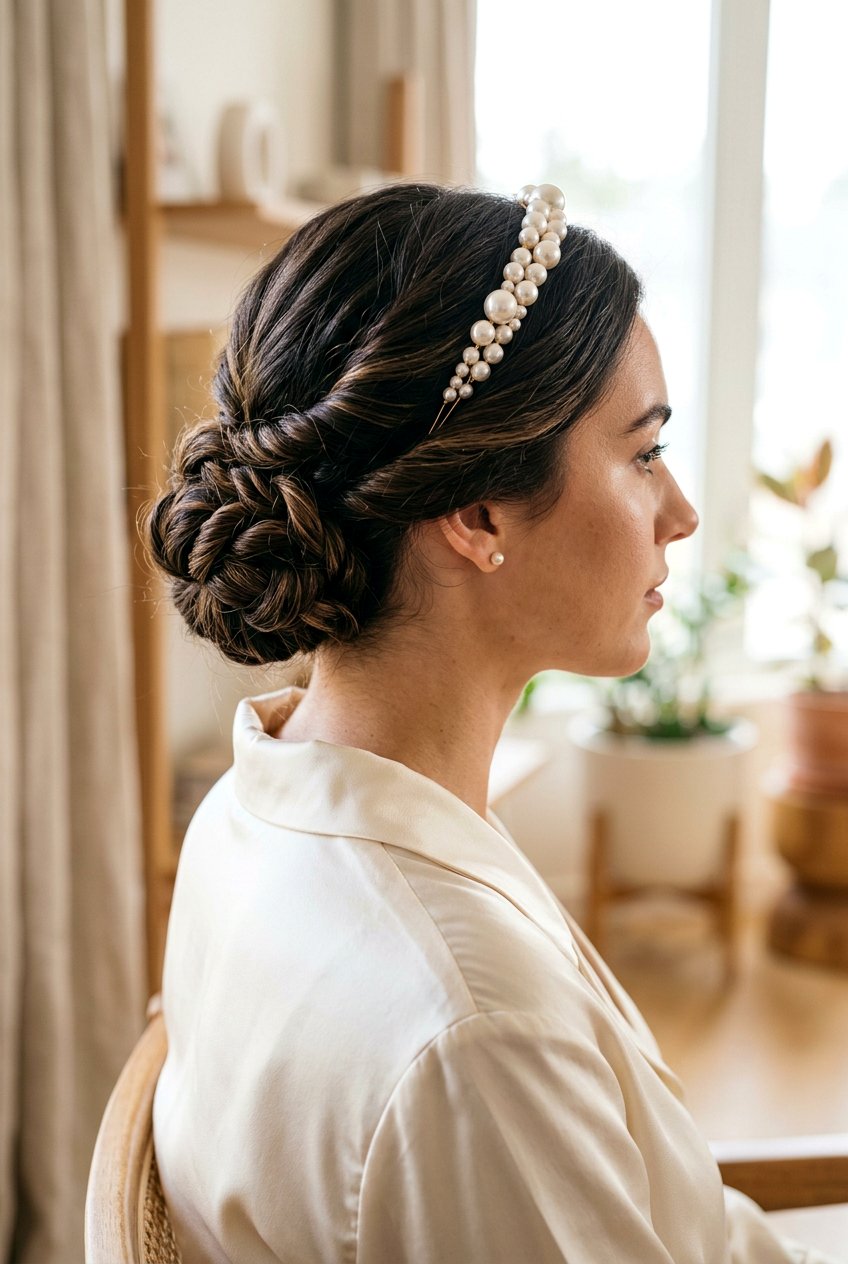 Twisted Bun With Pearl Headband - 20 headband bun hairstyle - 20 headband bun hairstyle