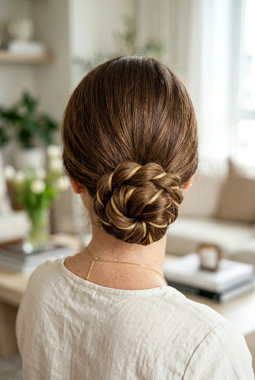 Twisted Bun With Ribbon Weave - 20 coquette bow bun hairstyle - 20 coquette bow bun hairstyle