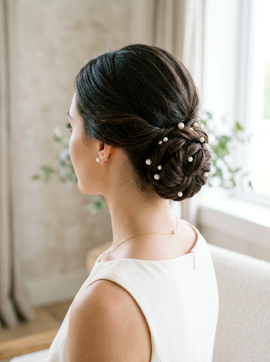 Twisted Chignon Bun With Pearls - 20 pearl embellished bun hairstyle - 20 pearl embellished bun hairstyle