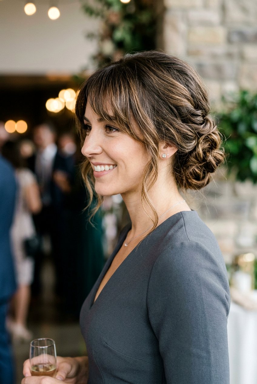Twisted Chignon With Layered Bangs - 20 wedding guest hairstyle for women with bangs - 20 wedding guest hairstyle for women with bangs