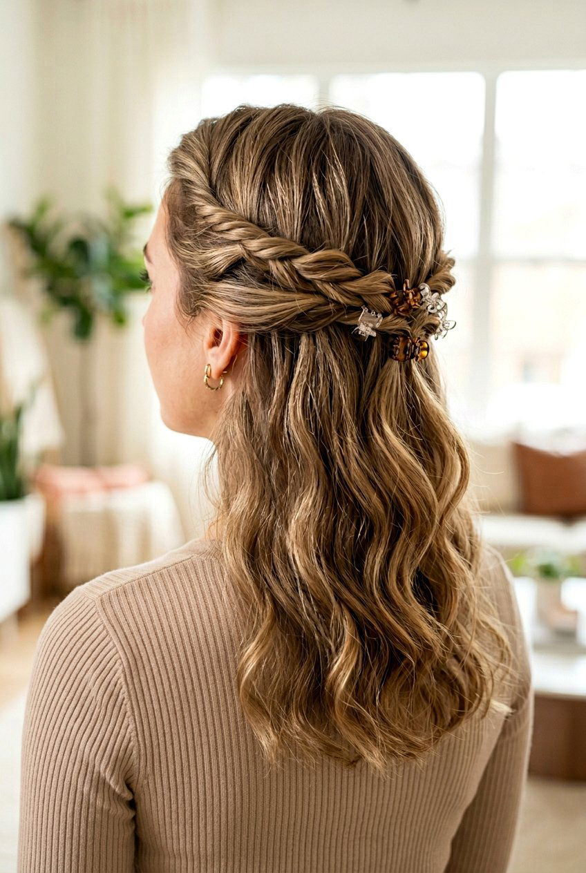 Twisted Crown Half Up - 20 windy day claw clip hairstyle - 20 windy day claw clip hairstyle