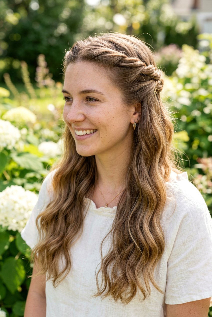 Twisted Crown Half Up For Frizz - 20 anti frizz hairstyles for summer - 20 anti frizz hairstyles for summer