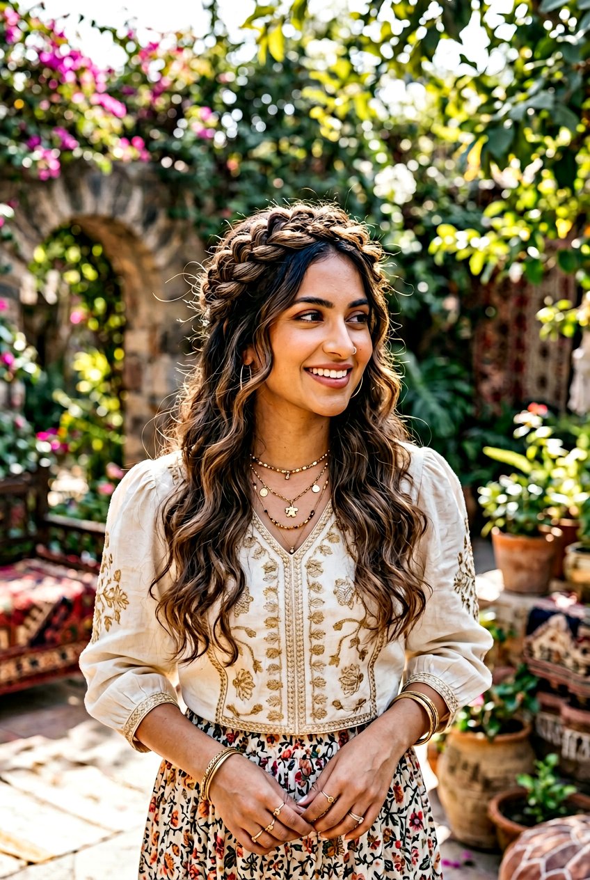 Twisted Crown With Loose Waves - 20 sangeet hairstyles - 20 sangeet hairstyles