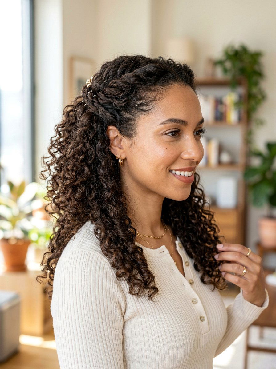 Twisted Curly Half Updo - 20 date night hairstyle with romantic curls - 20 date night hairstyle with romantic curls