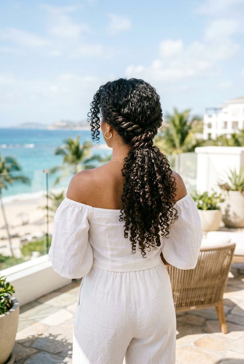 Twisted Curly Low Ponytail - 20 beach hairstyle for long curly hair - 20 beach hairstyle for long curly hair