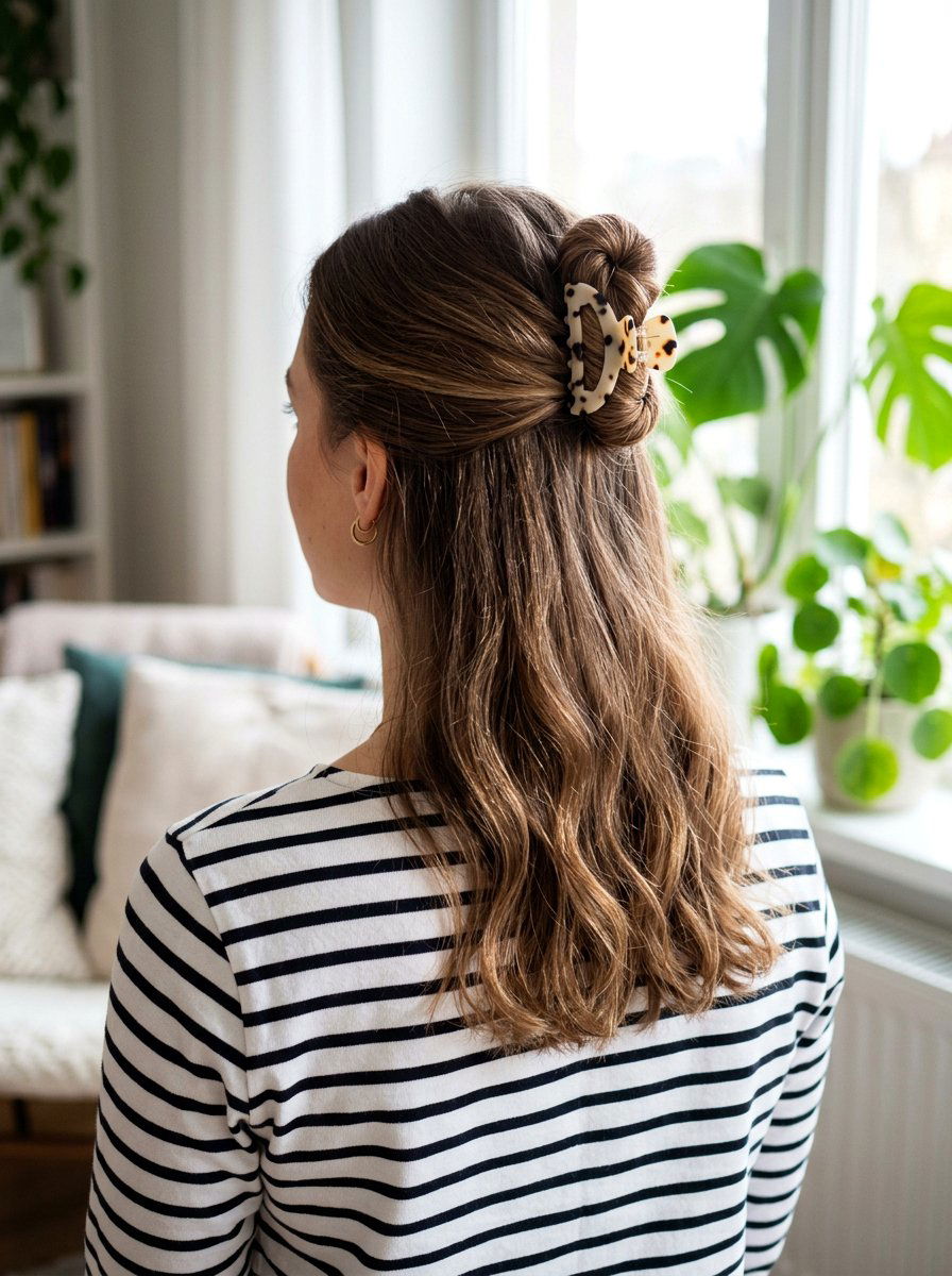 Twisted Half Bun With Claw Clip - 20 office hairstyle with claw clip twist - 20 office hairstyle with claw clip twist