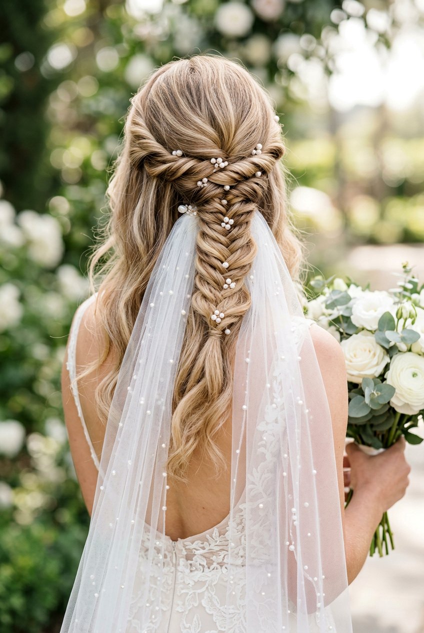 Twisted Half Up Braid With Pearl Veil - 20 bridal half up braid with veil - 20 bridal half up braid with veil