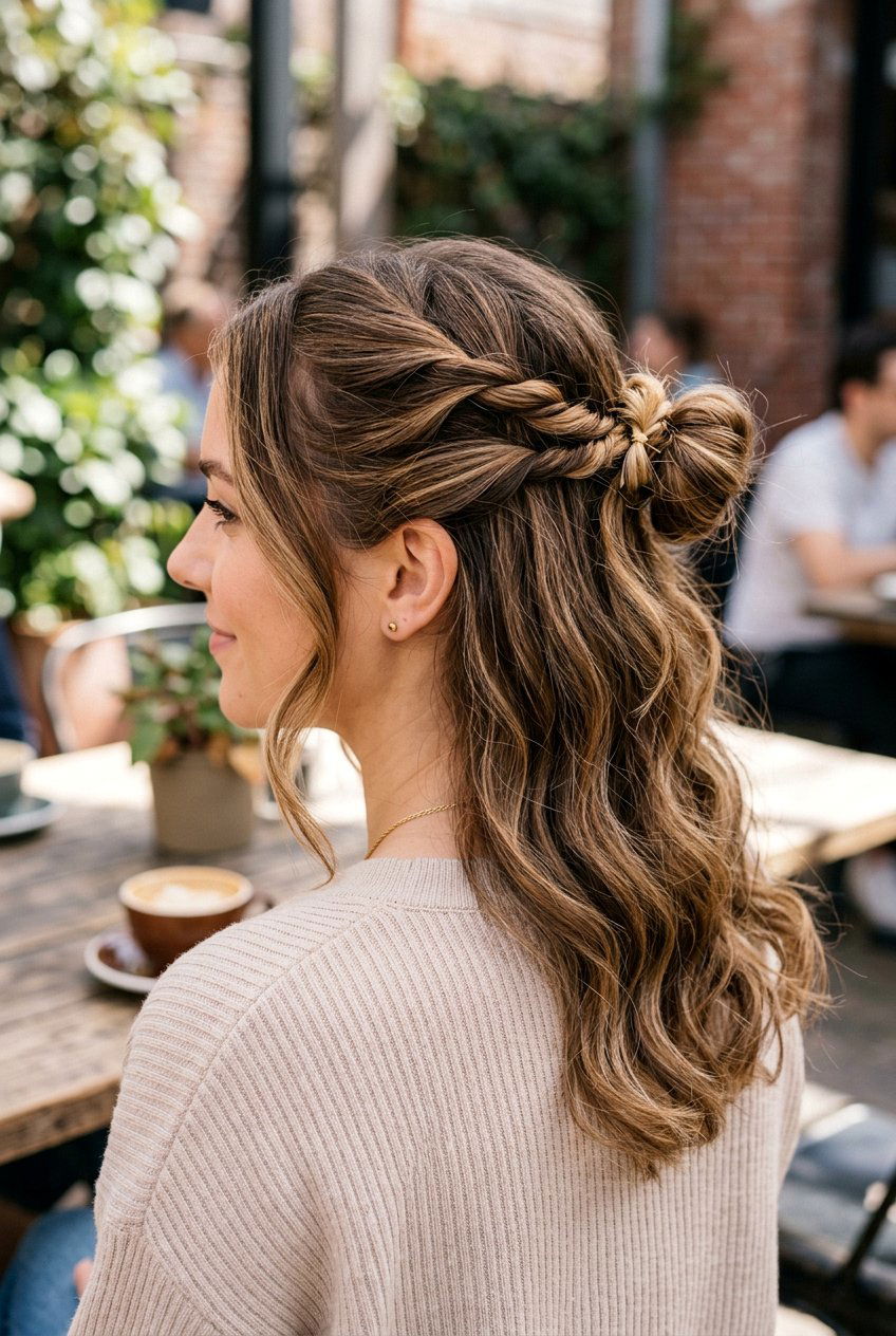 Twisted Half Up Bun for Moms - 20 easy hairstyles for moms - 20 easy hairstyles for moms