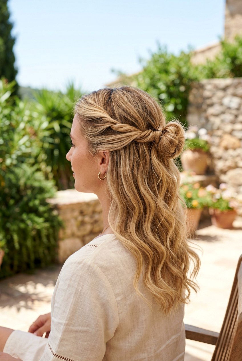 Twisted Half Up Bun - 20 summer hairstyles for women - 20 summer hairstyles for women