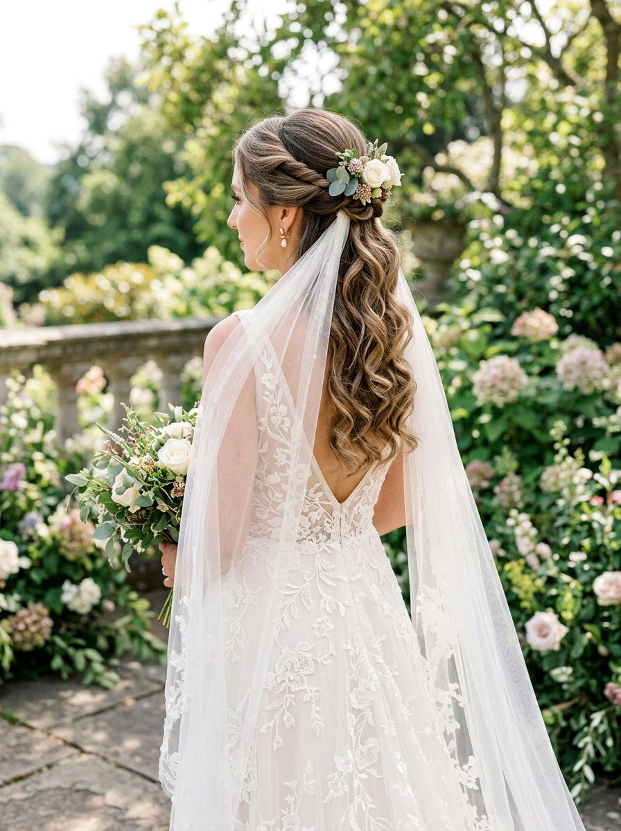 Twisted Half Up Curls Veil - 20 wedding hairstyles with soft curls and veil - 20 wedding hairstyles with soft curls and veil