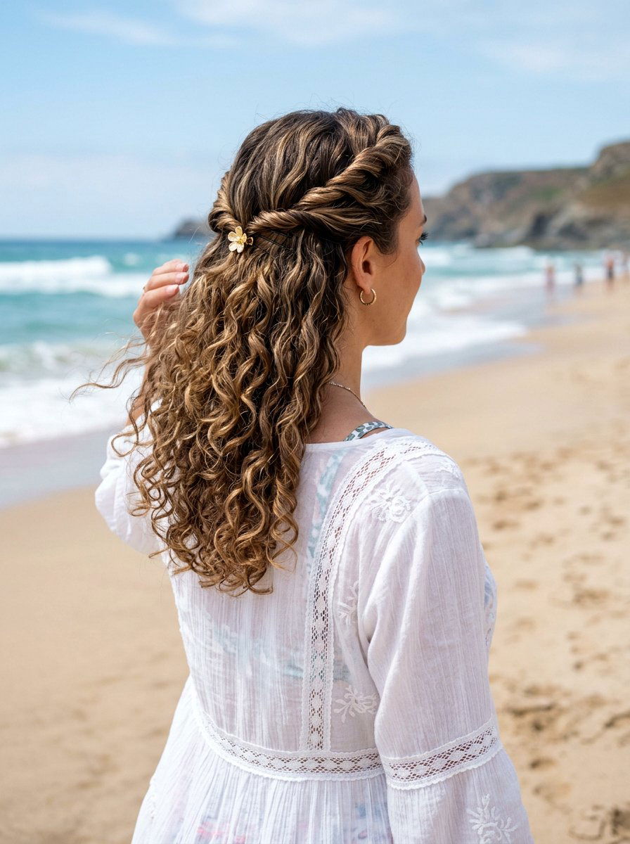 Twisted Half Up Curls - 20 vacation hairstyle for long curls - 20 vacation hairstyle for long curls