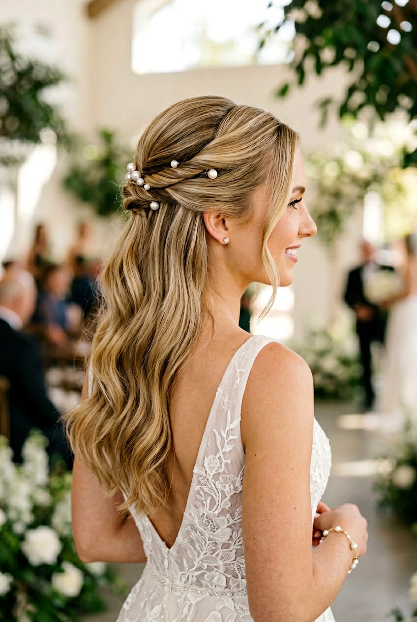 Twisted Half Up Hairstyle With Pearl Pins - 20 bridal half up with pearl pins - 20 bridal half up with pearl pins