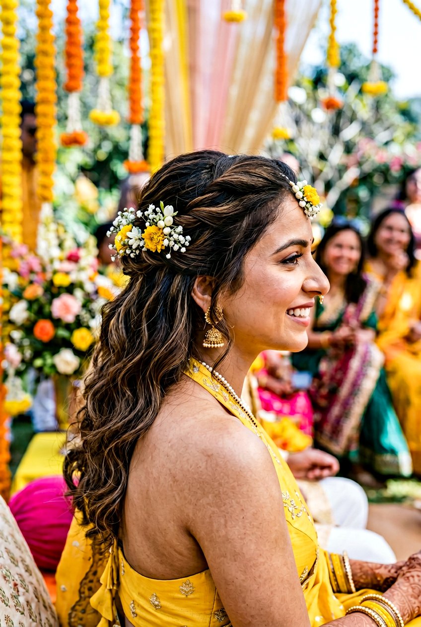 Twisted Half Up Haldi Hairstyle For Bride - 20 haldi hairstyles for bride - 20 haldi hairstyles for bride