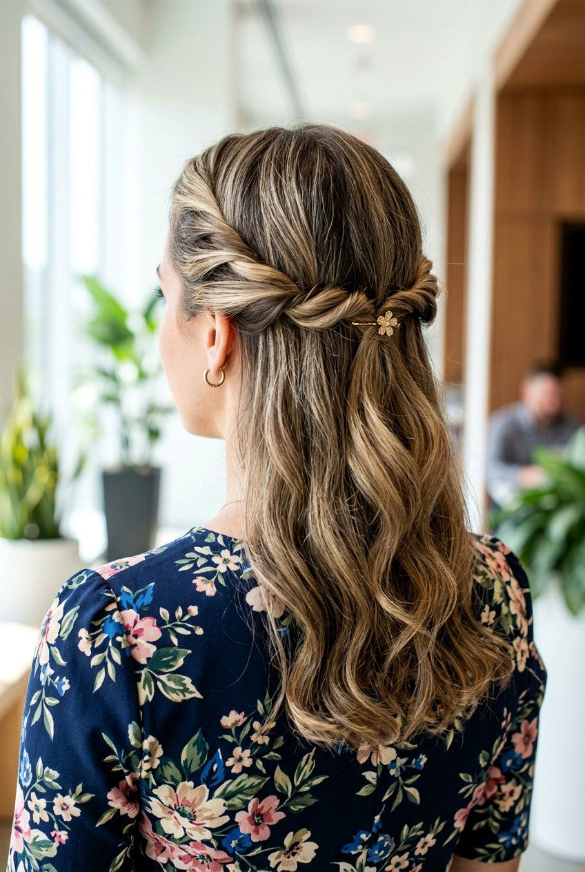 Twisted Half Up Halo - 20 office hairstyle for curly shoulder length hair - 20 office hairstyle for curly shoulder length hair