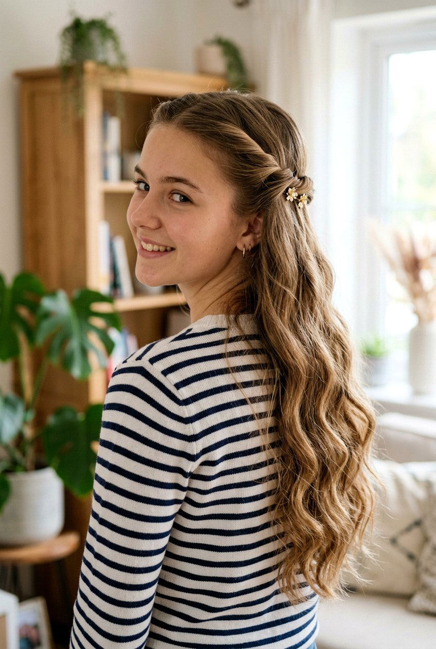 Twisted Half Up Long Hair - 20 school hairstyle for teenage girls with long hair - 20 school hairstyle for teenage girls with long hair