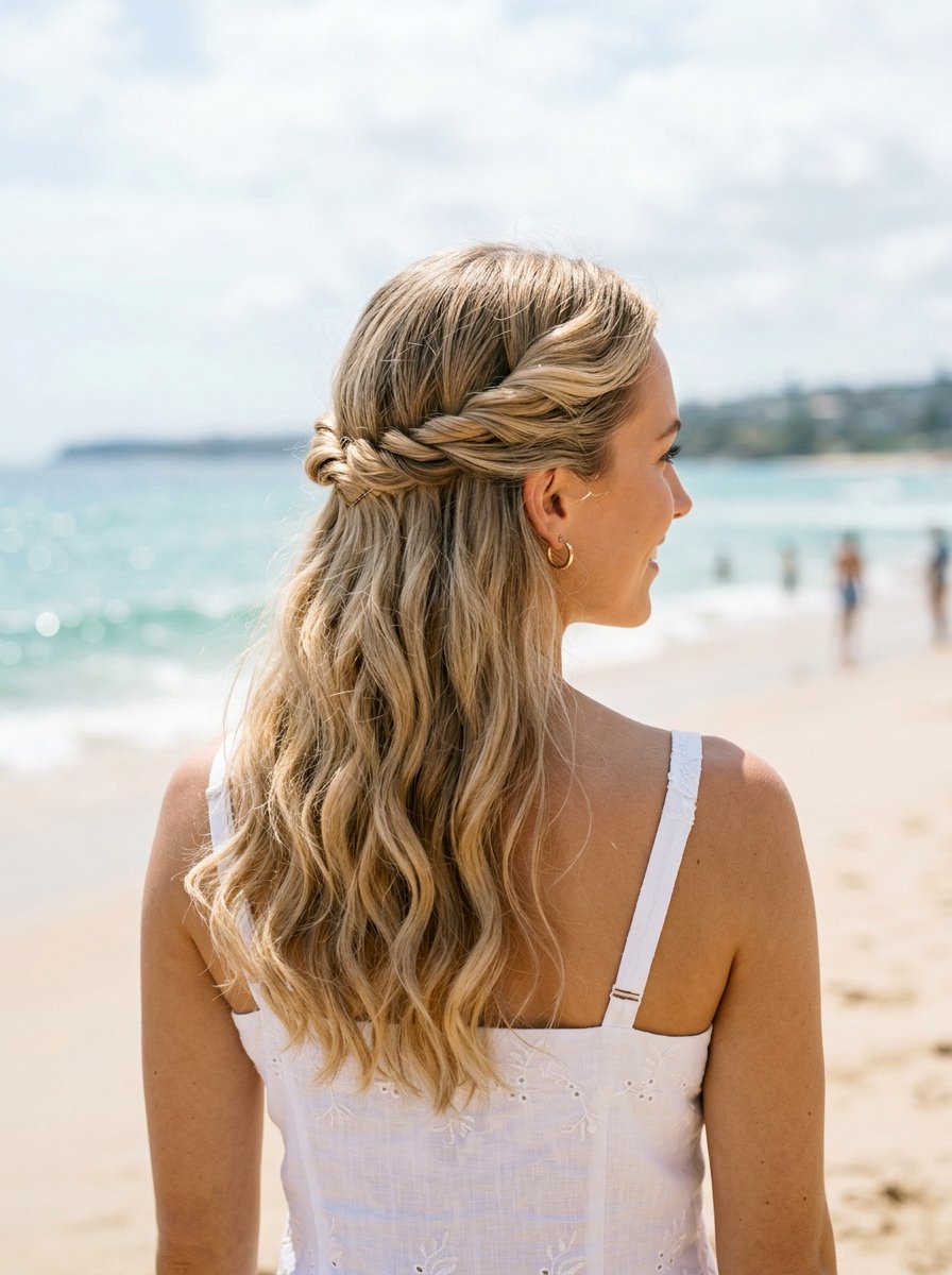 Twisted Half Up Low Beach Waves - 20 vacation hairstyle with low beach waves - 20 vacation hairstyle with low beach waves