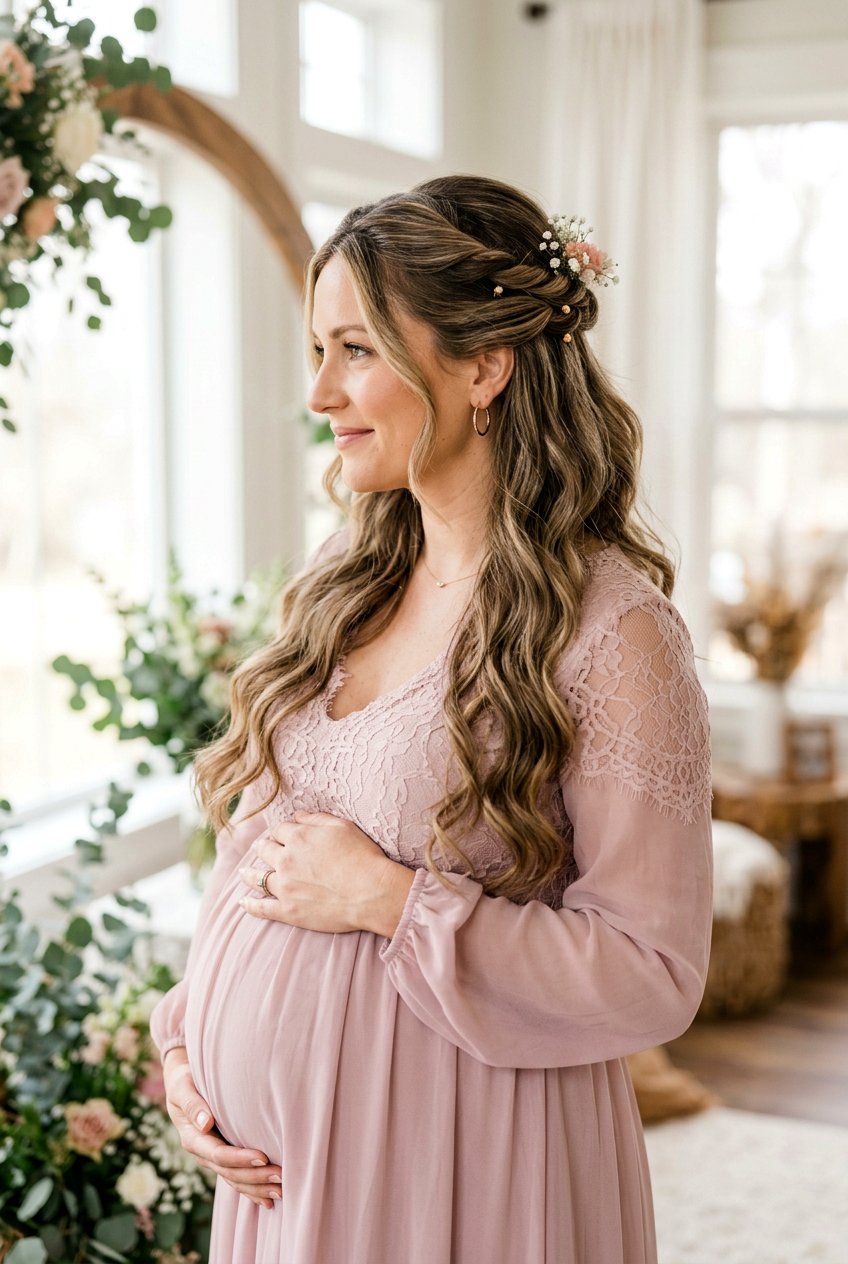 Twisted Half Up Maternity Hair - 20 maternity photo shoot hairstyles - 20 maternity photo shoot hairstyles