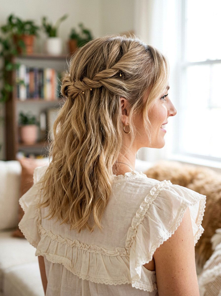 Twisted Half Up Medium Shag - 20 simple hairstyle for medium shag haircut - 20 simple hairstyle for medium shag haircut