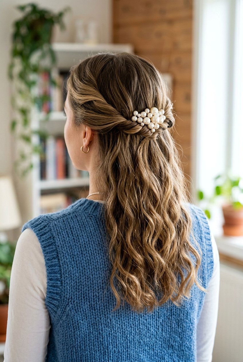 Twisted Half Up Style With Pearl Pins - 20 school hairstyle with pearl clips - 20 school hairstyle with pearl clips